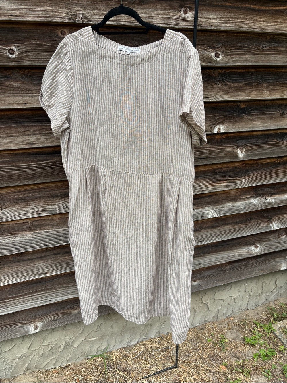 Neutral Striped Linen-Blend Shift Dress - Cream